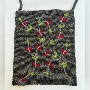 Vintage A Brod Floral Beaded Embroidered Small Shoulder Bag Purse Brown/Black